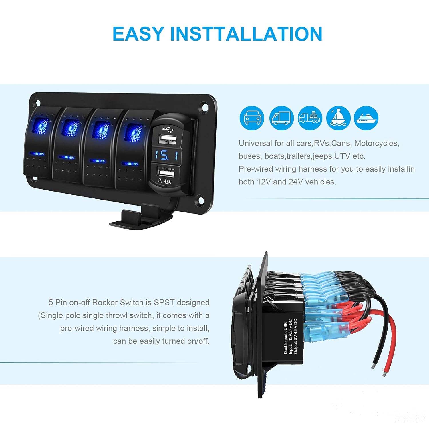 4 Gang Rocker Switch Panel with Blue Light 4.8 Amp Dual USB Charger Voltmeter 12V-24V DC Rocker Switch for Car Truck Boat RV