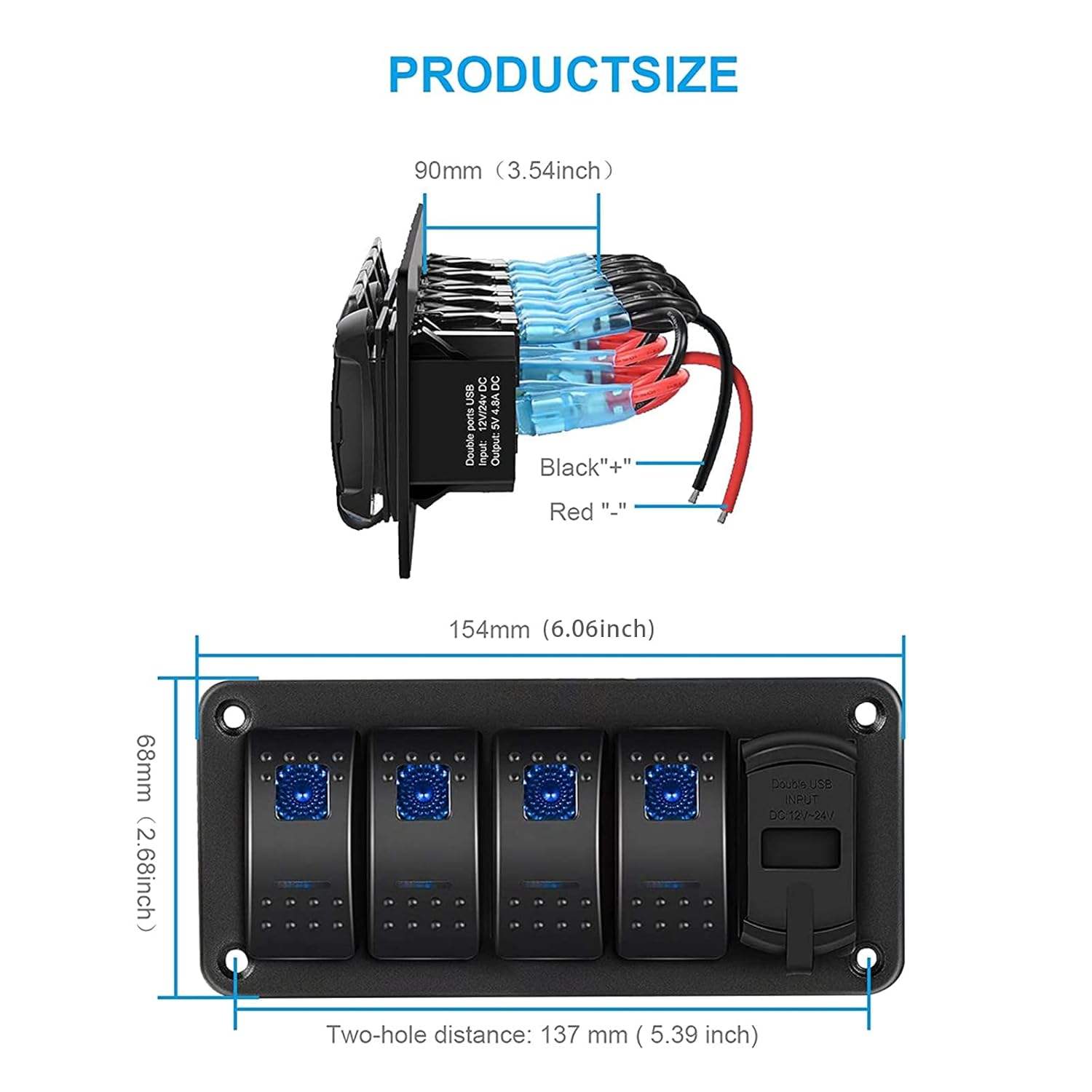 4 Gang Rocker Switch Panel with Blue Light 4.8 Amp Dual USB Charger Voltmeter 12V-24V DC Rocker Switch for Car Truck Boat RV
