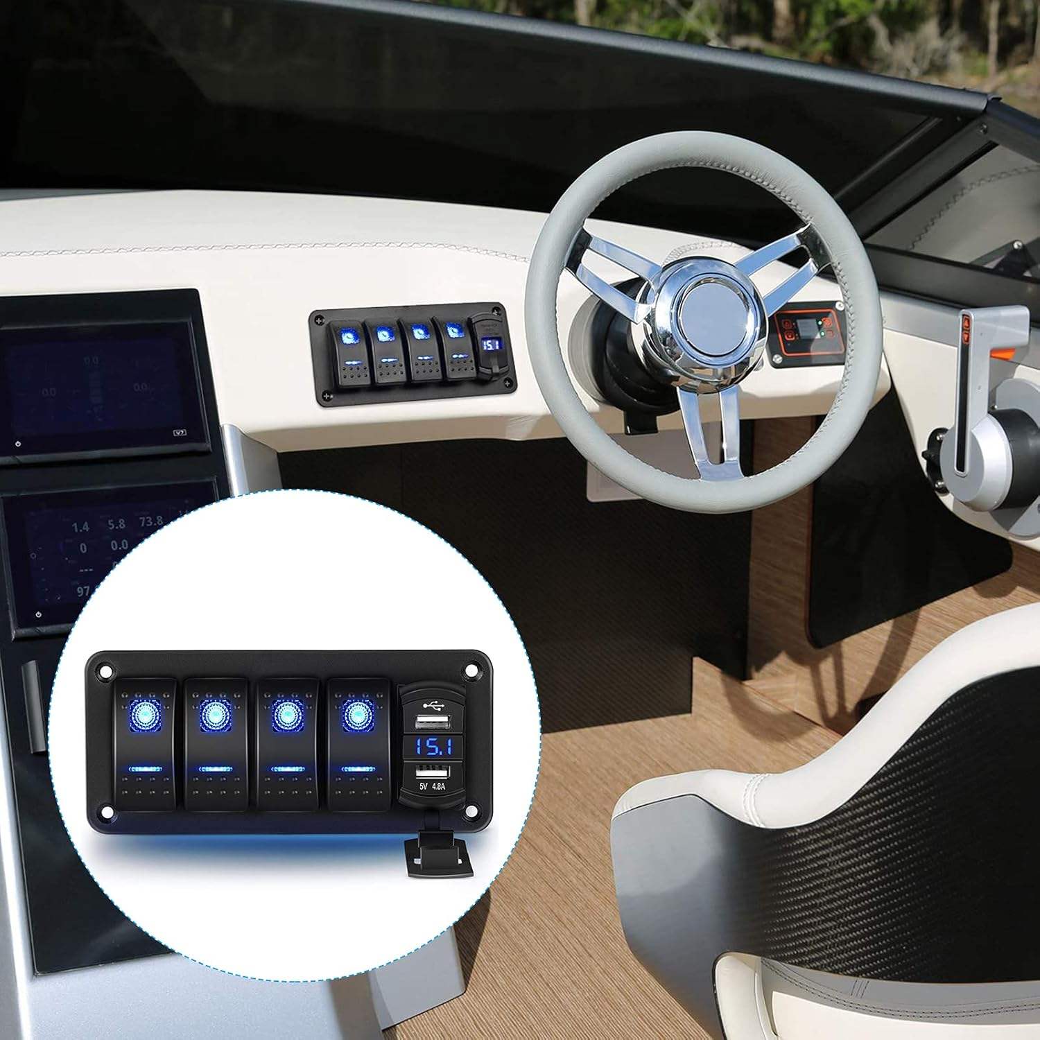 4 Gang Rocker Switch Panel with Blue Light 4.8 Amp Dual USB Charger Voltmeter 12V-24V DC Rocker Switch for Car Truck Boat RV